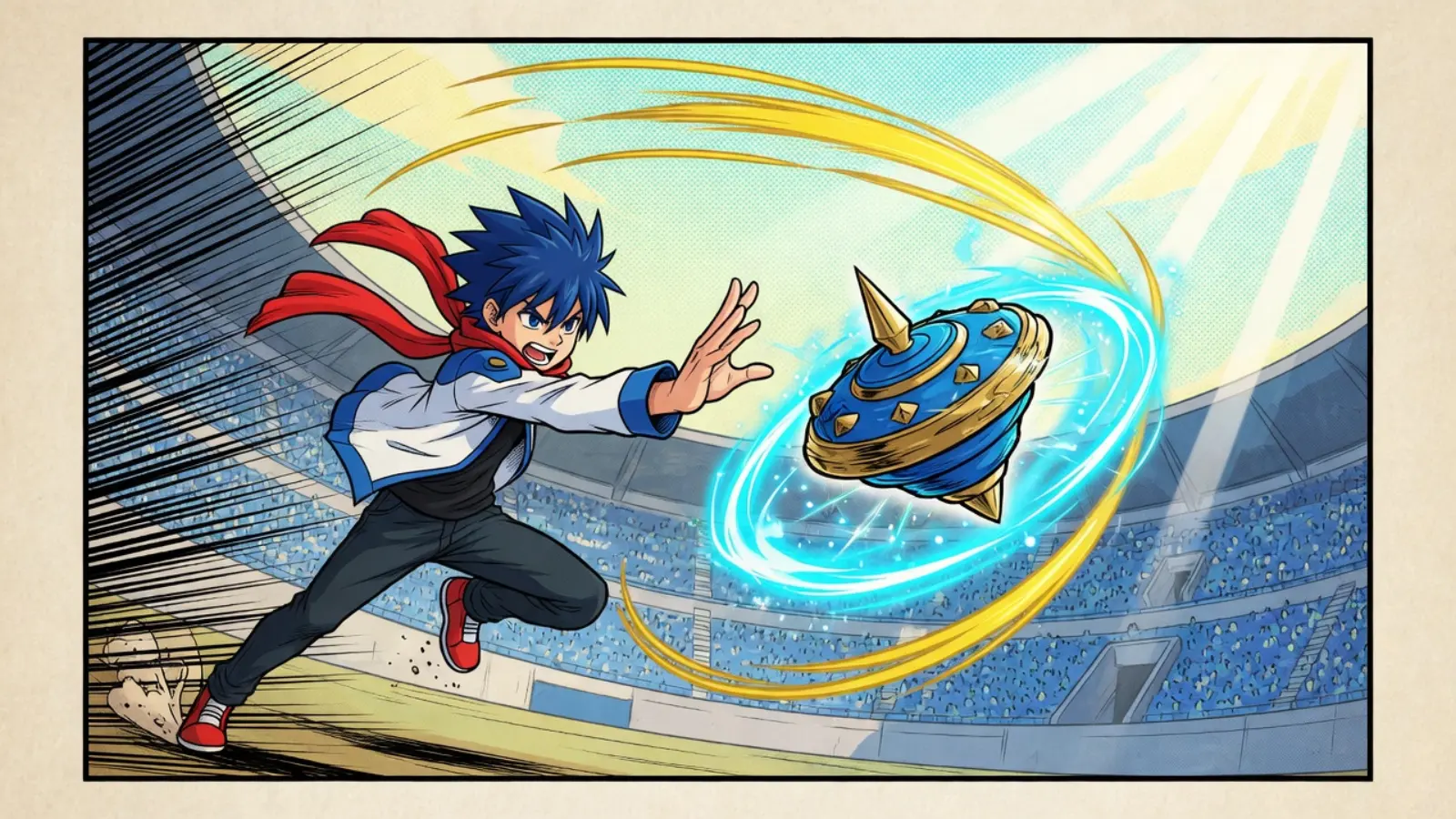 Blue-haired blader launching a blue and gold spinning top in a stadium, original art for Bey Rivals on Roblox